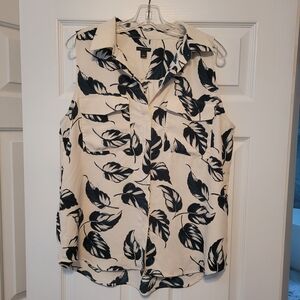 Ann Taylor Black and Cream Leaf Print Sleeveless Shirt
